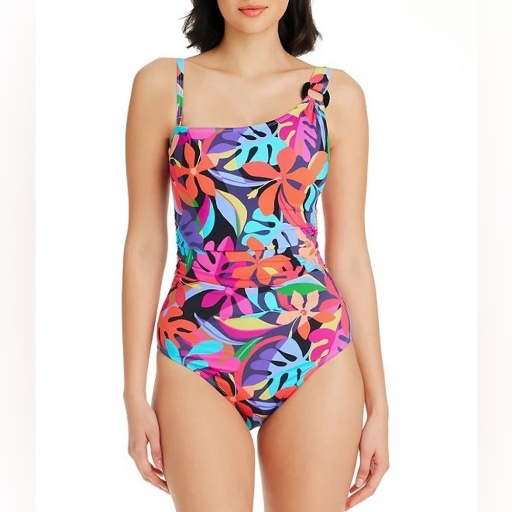 NWT Bleu Rod Beattie Bold Rush Floral Print One Shoulder One Piece Swimsuit 10